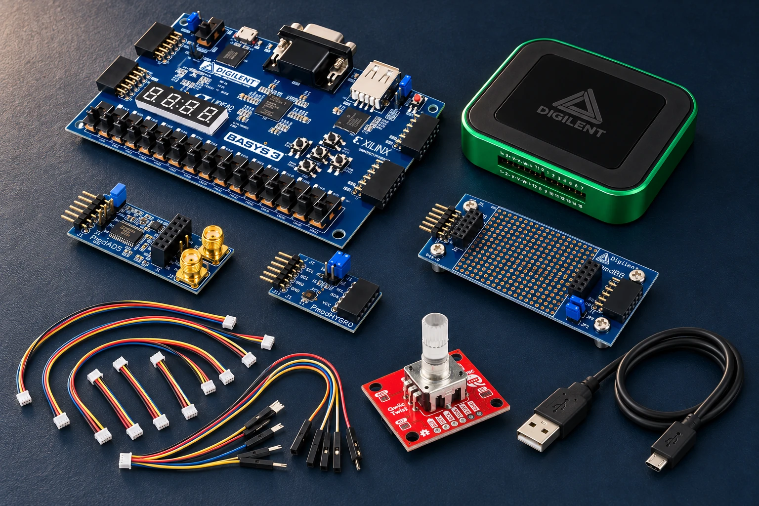 AI illustration of fpga sensor instrument; use the product circles to explore the items.