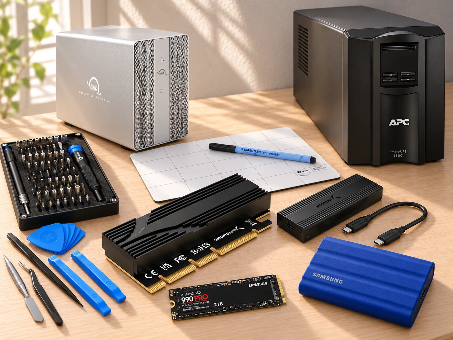 AI illustration of native nvme workstation; use the product circles to explore the items.